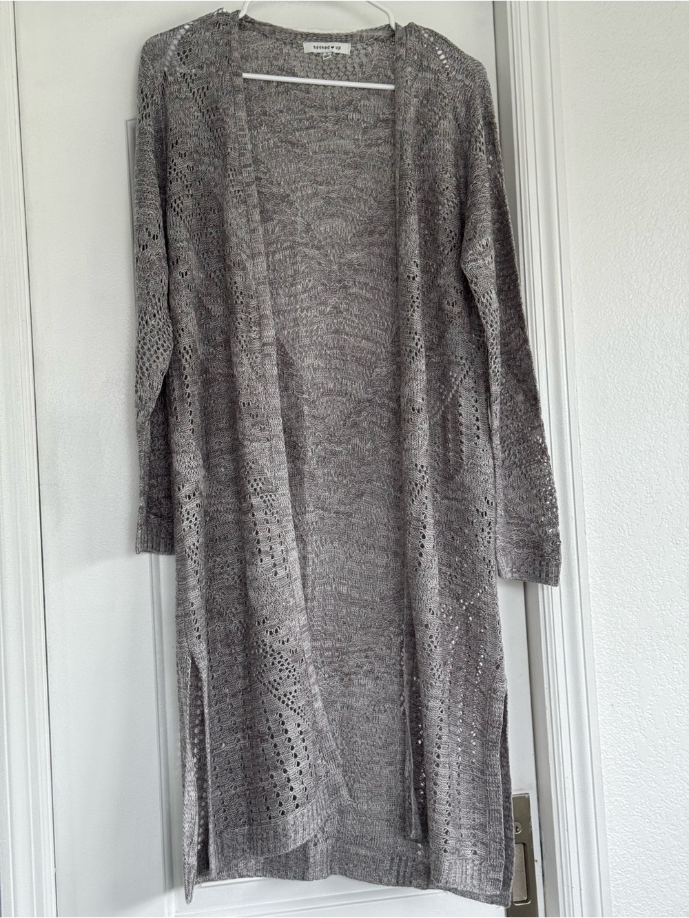 Hooked Up by IOT Gray Open-Front Long Knit Cardigan